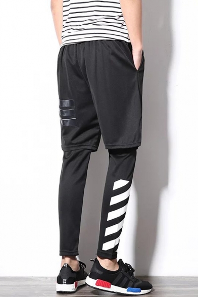 Men's New Fashion Stripe Patched Fake Two Pieces Slim Fit Sports Running Pants