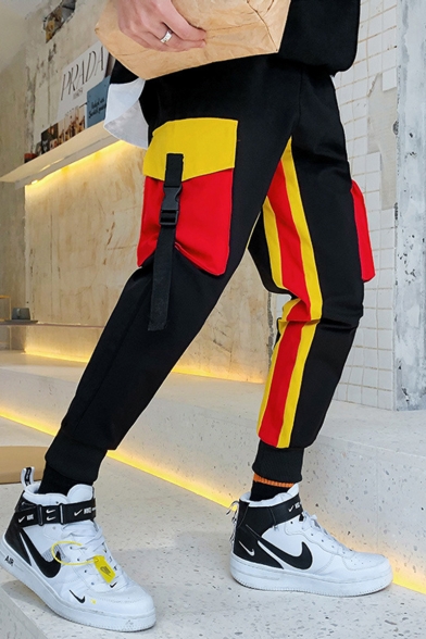 Men's New Stylish Colorblock Stripe Side Buckle Strap Flap Pocket Trendy Casual Cargo Pants