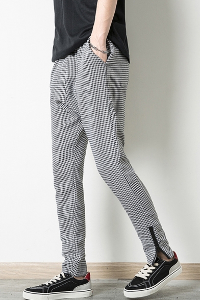 Men's New Stylish Plaid Pattern Drawstring Waist Zipped Cuffs Low Crotch Casual Hip Pop Pencil Pants