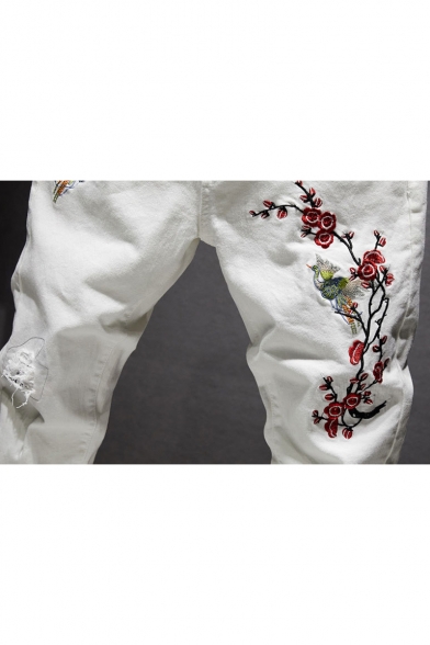 Men's New Trendy Bird Floral Embroidery Pattern Washed-Denim Retro Jeans