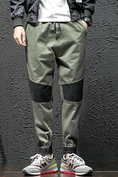 Men's New Trendy Colorblock Patched Drawstring Waist Elastic Cuffs Casual Tapered Pants