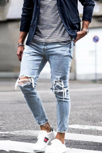 Men's Popular Fashion Plain Washed Knee Cut Slim Fit Frayed Ripped Light Blue Jeans
