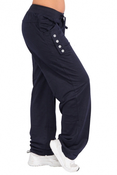Men's Popular Fashion Solid Color Button Embellished Drawstring Waist Straight Wide Leg Sweatpants