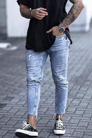 Men S Street Style Knee Cut Light Blue Casual Skinny Ripped Jeans Beautifulhalo Com