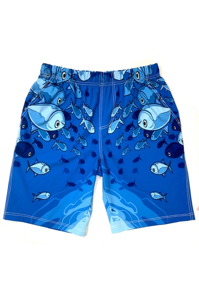 Men's Summer Casual Cartoon Fish Printed Blue Quick Drying Elastic Waist Beach Shorts Swim Trunks with Pockets