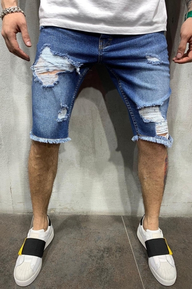 Men's Summer Stylish Frayed Ripped Detail Raw Hem Blue Denim Shorts