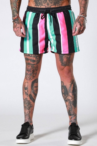 Men's Summer Trendy Colorblocked Stripe Printed Drawstring Waist Sports Active Shorts