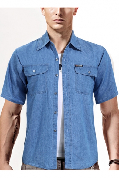 Mens Basic Simple Solid Color Short Sleeve Casual Loose Blue Denim Over Shirt