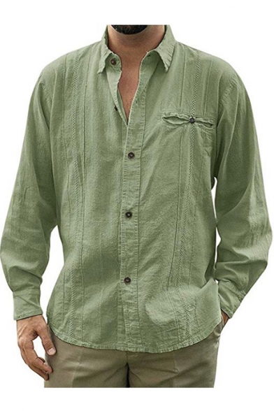 Men's Linen Long Sleeve Plain T Shirt Casual Loose Shirts Button Down Tee Tops 