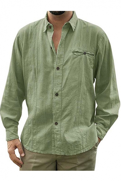 Mens Simple Plain Trendy Casual Loose Long Sleeve Button Down Linen Shirt