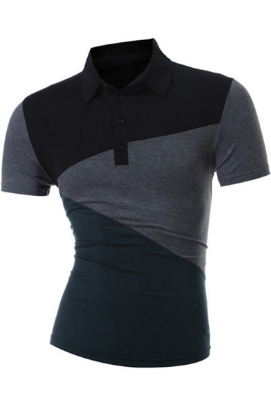 Mens Stylish Color Block Turn-Down Collar Short Sleeve Fitted Polo Shirt