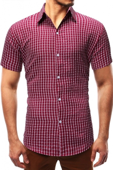 Tralounry Mens Plaid Summer Plus-Size Silm Fit Short-Sleeve Dress Shirt 