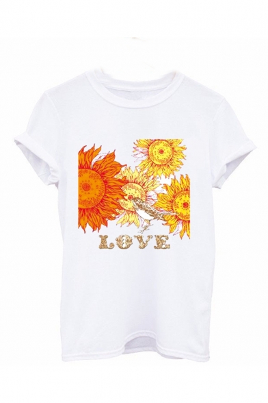 New Arrival Summer White Round Neck Letter Love Sun Printed Short Sleeve T-Shirts
