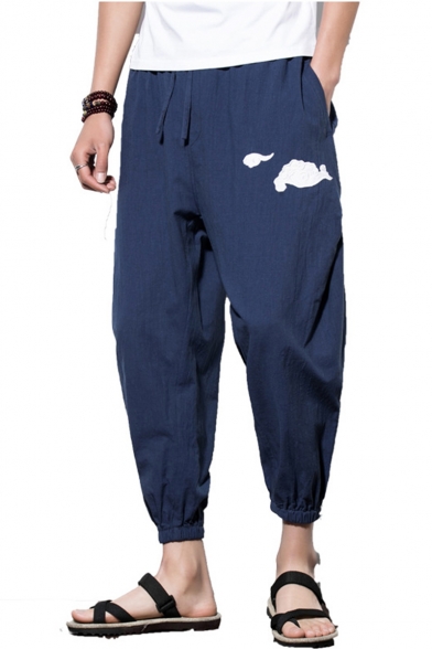 New Fashion Chinese Style Cloud Embroidery Elastic Cuffs Cropped Liner Harem Pants for Men