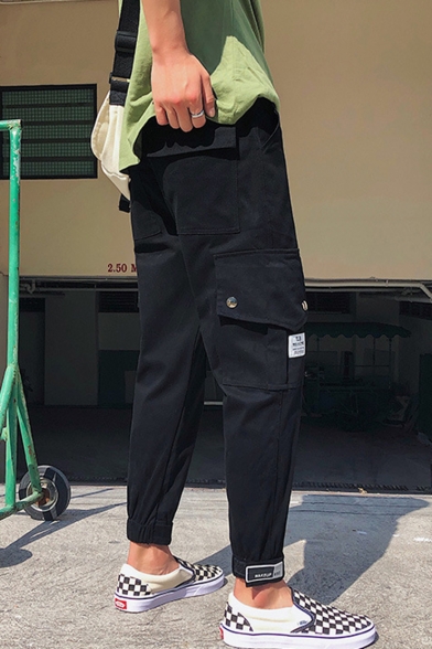 New Fashion Solid Color Flap Pocket Elastic Cuffs Men's Casual Cargo Pants