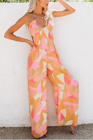 New Stylish Geometric Collection Print Scoop Neck Sleeveless Straps Tie-Back Casual Loose Jumpsuits
