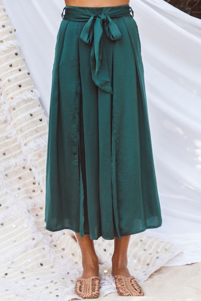 

New Stylish Green High Waist Bow-Tie Split Side Midi Flare Dress, LM549662