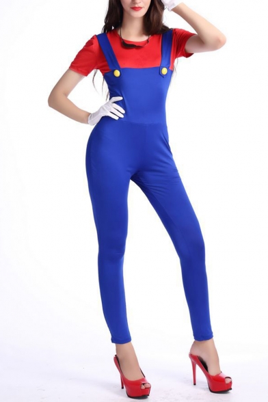 New Stylish Halloween Style Short Sleeve Colorblock Patch Fitted Jumpsuits for Cosplay
