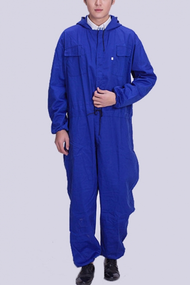 New Stylish Simple Plain Long Sleeve Hooded Blue Dust-proof Mechanic Coveralls for Men