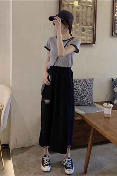 New Stylish Simple Plain Ripped Cutout Elastic Waist Maxi A-Line Skirt