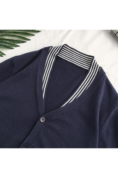 New Stylish V-Neck Long Sleeve Striped Hem Slim Fitted Button Down Cardigan Knitwear