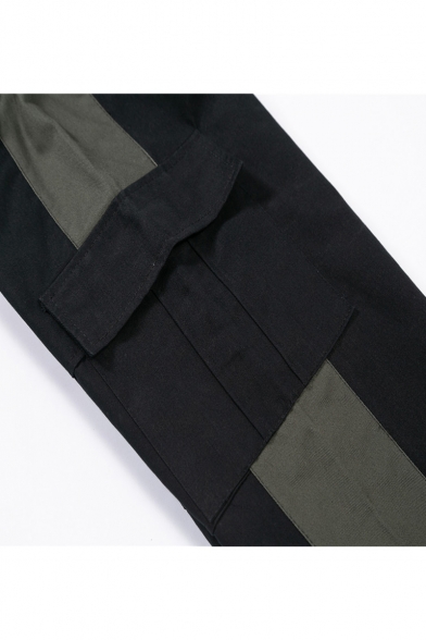New Trendy Colorblock Tape Patch Flap Pocket Drawstring Waist Elastic Cuffs Cotton Cargo Pants for Men