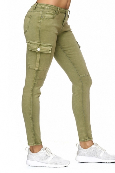 New Trendy Plain Multi Pocket Slim Leg Fitted Denim Pants