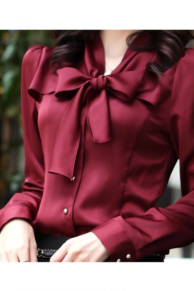 Office Lady Chic Simple Plain Bow-Tied Collar Long Sleeve Chiffon Blouse