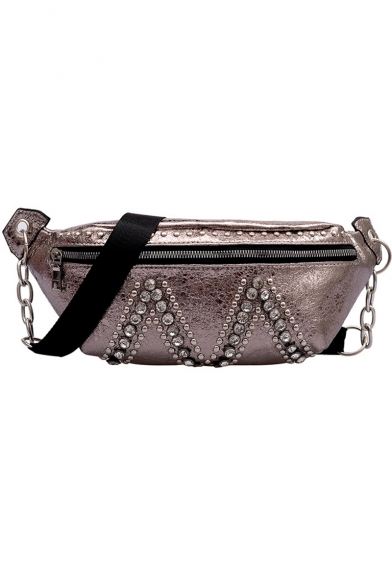 Personalized Fashion Plain Rhinestone Rivet Embellishment Crossbody Belt Bag 35*14*3 CM