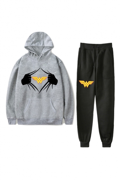 Popular Comic Logo Printed Casual Hoodie with Loose Sweatpants Two-Piece Set