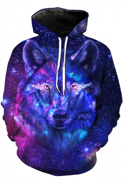 Popular Fashion Blue Galaxy Wolf 3D Printing Long Sleeve Loose Sport Pullover Hoodie