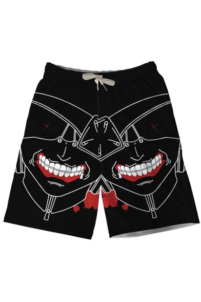 Popular Fashion Ghoul Printed Drawstring Waist Black Polyester Relaxed Beach Sweat Shorts for Men