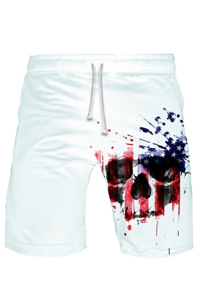 Popular Fashion Independence Day Skull Printed Drawstring Waist Cotton Sweat Shorts
