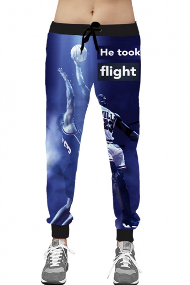 Popular Fashion Letter HE TOOK FLIGHT Character Printed Drawstring Waist Blue Casual Loose Sport Sweatpants