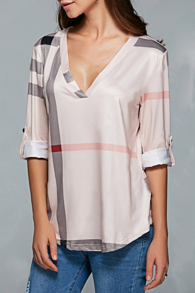Popular Light Pink Stripe Printed V-Neck Long Sleeve Casual Loose Blouse for Women