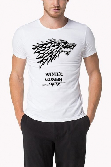 Popular Stark Wolf Head Print Round Neck Short Sleeve White T-Shirt