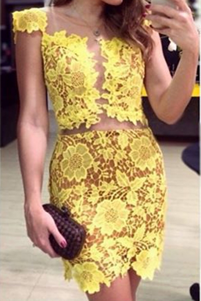 Sexy Hot Fashion Yellow Sheer Mesh Patched Skinny Fitted Mini Lace Dress for Nightclub