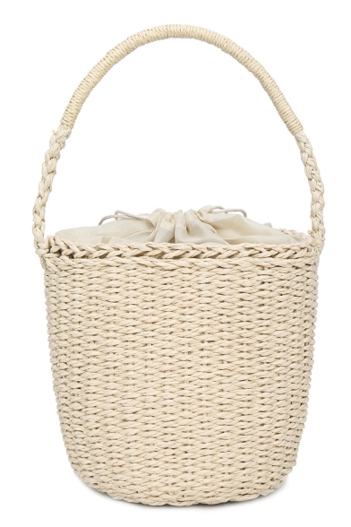 Simple Fashion Solid Color Straw Beach Bag Bucket Tote Handbag for Women 18*15*20 CM