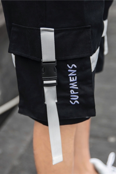 Street Style Trendy Letter Pattern Buckle Strap Flap Pocket Drawstring Waist Casual Cotton Cargo Shorts