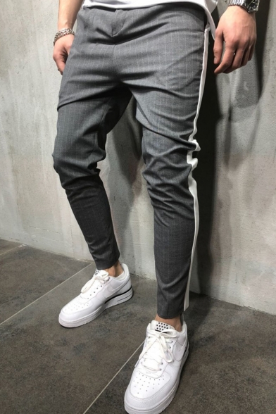 Stylish Pinstripe Pattern Contrast Patched Men's Fashion Casual Pencil Pants