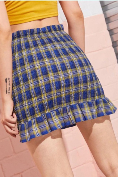 Stylish Womens Hot Sweet Check Print High Waist Ruffle Hem Mini A-Line Skirt