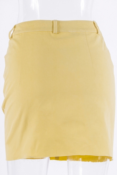 Stylish Yellow Plain High Waist Frayed Hem Mini Bodycon Skirt