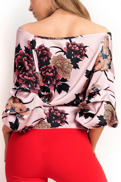 Summer Chic Floral Pattern Surplice V-Neck Long Sleeve Bow-Tied Waist Blouse for Women