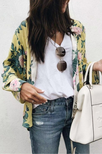 Summer Chic Green Floral Printed V-Neck Long Sleeve Loose Blouse Top