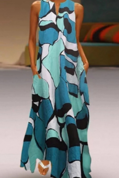 Summer Fancy Color Block Geometric Printed V-Neck Sleeveless Maxi Swing Tank Dress