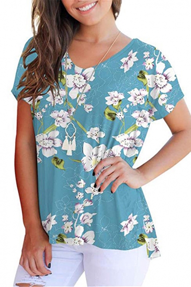 Polyester S-2XL DICPOLIA Women Sleeveless V-Neck Summer T-Shirt Flower Print