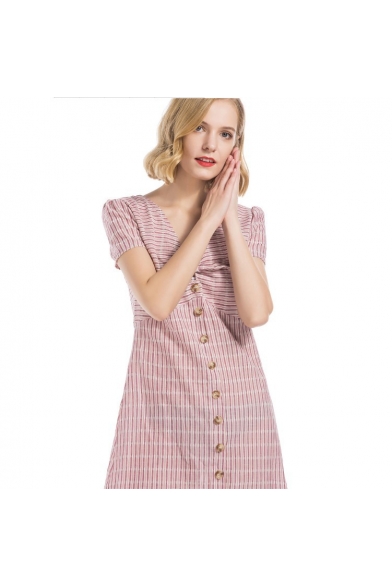 Summer Fancy Pink Striped Bow-Tied V-Neck Short Sleeve Button Down Mini A-Line Dress