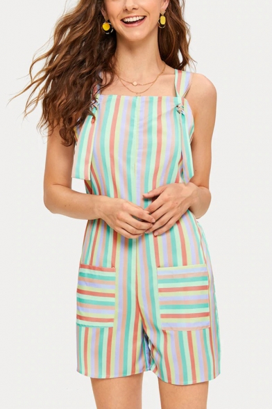 Summer Fashion Double Pockets Colorful Striped Holiday Overall Shorts Rompers