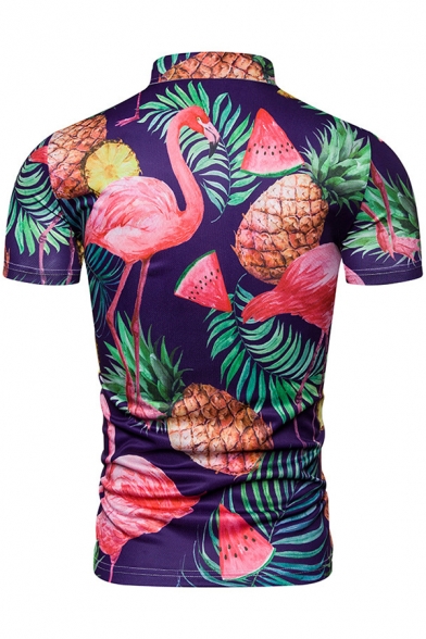 Summer Fashion Tropical Flamingo Pineapple 3D Print Short Sleeve Fitted Polo Shirt