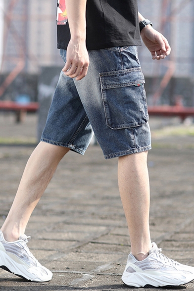 Summer Fashion Vintage Washed Ripped Detail Double Pocket Side Men's Trendy Blue Denim Shorts